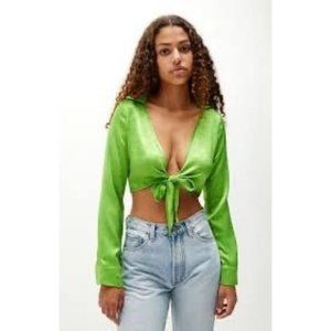 Peppermayo Shirt Womens 4 Green Velour Long Sleeve Tie Front Collared Casual Cro